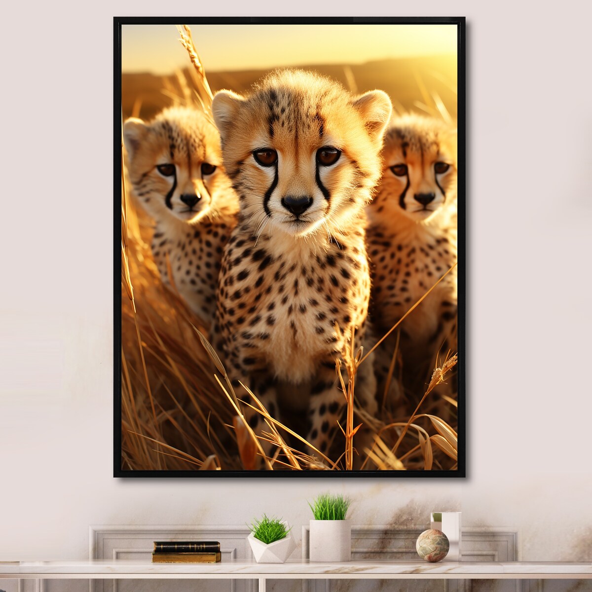 Designart "Photo Of Cheetah Chase II" Cheetah Brown Wall Decor - Traditional Bedroom Framed Canvas Wall Art