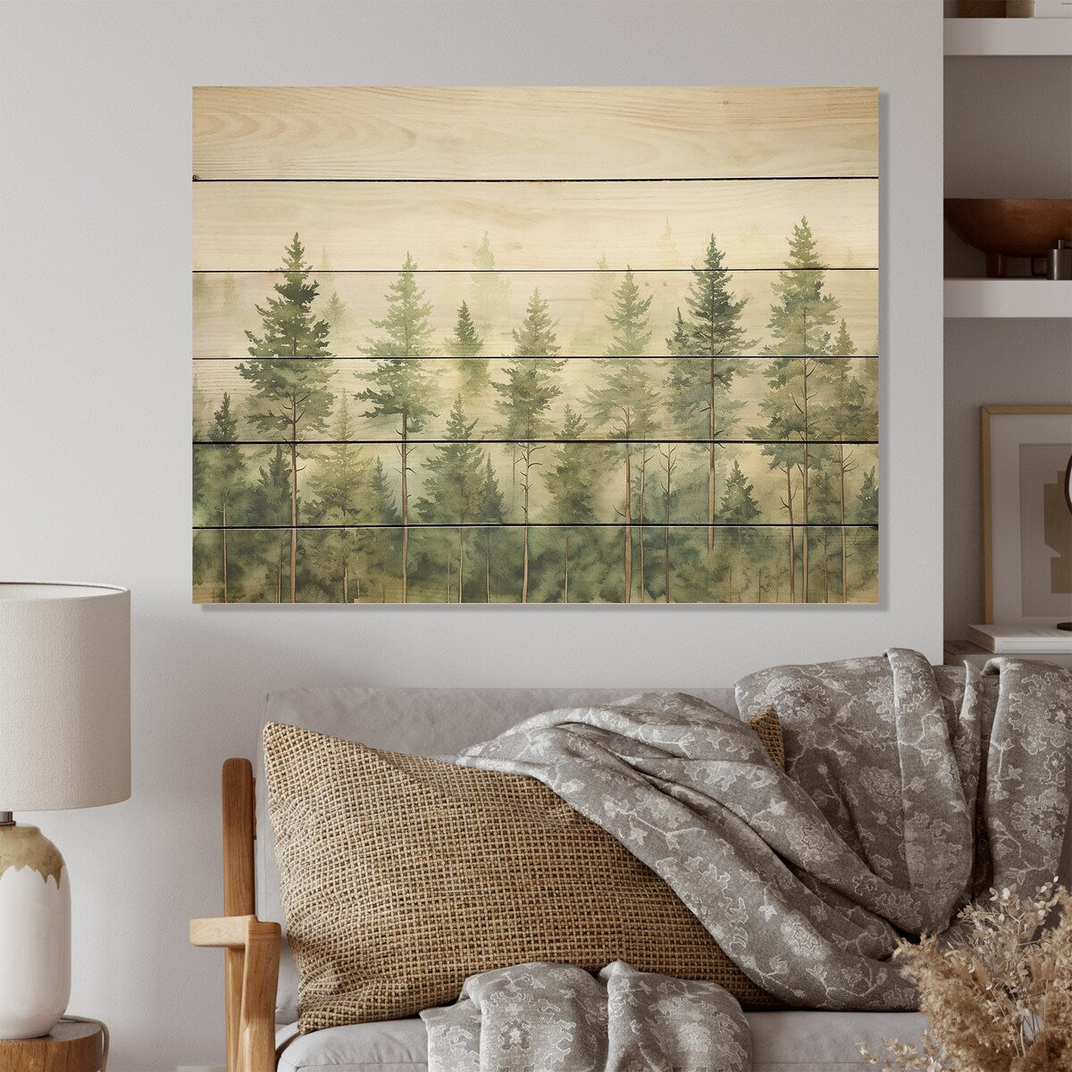 Designart "Pine Trees Minimalism Dream" Trees Wood Wall Decor - Traditional Green Wood Panel On Natural Pine Wood