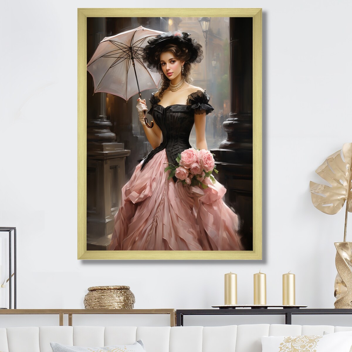 Designart "Pink And Black 50s Woman Portrait With Umbrella III" Woman Victorian Pink - Glam Entryway Framed Wall Art