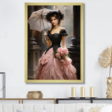 Designart "Pink And Black 50s Woman Portrait With Umbrella III" Woman Victorian Pink - Glam Entryway Framed Wall Art