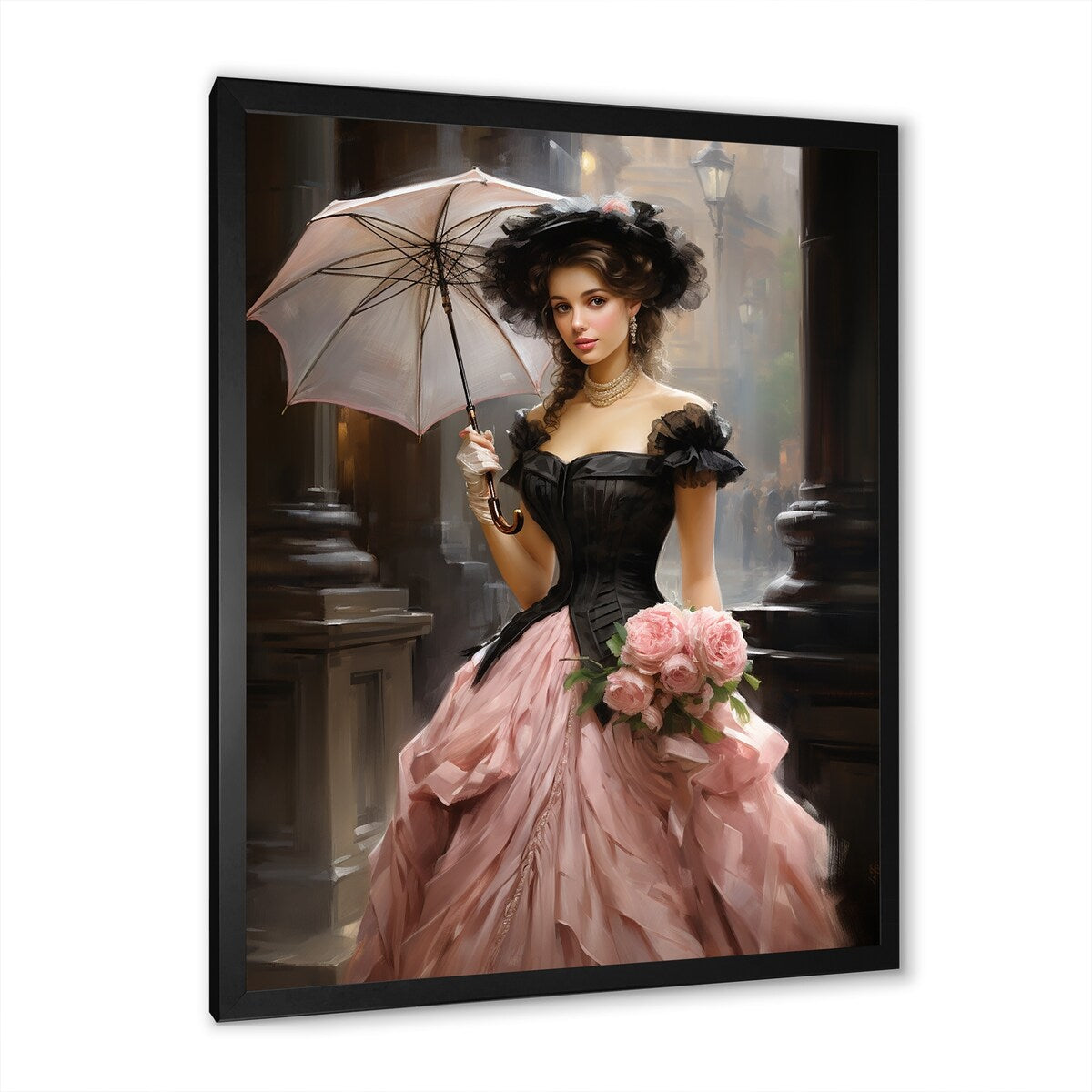 Designart "Pink And Black 50s Woman Portrait With Umbrella III" Woman Victorian Pink - Glam Entryway Framed Wall Art