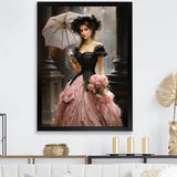 Designart "Pink And Black 50s Woman Portrait With Umbrella III" Woman Victorian Pink - Glam Entryway Framed Wall Art