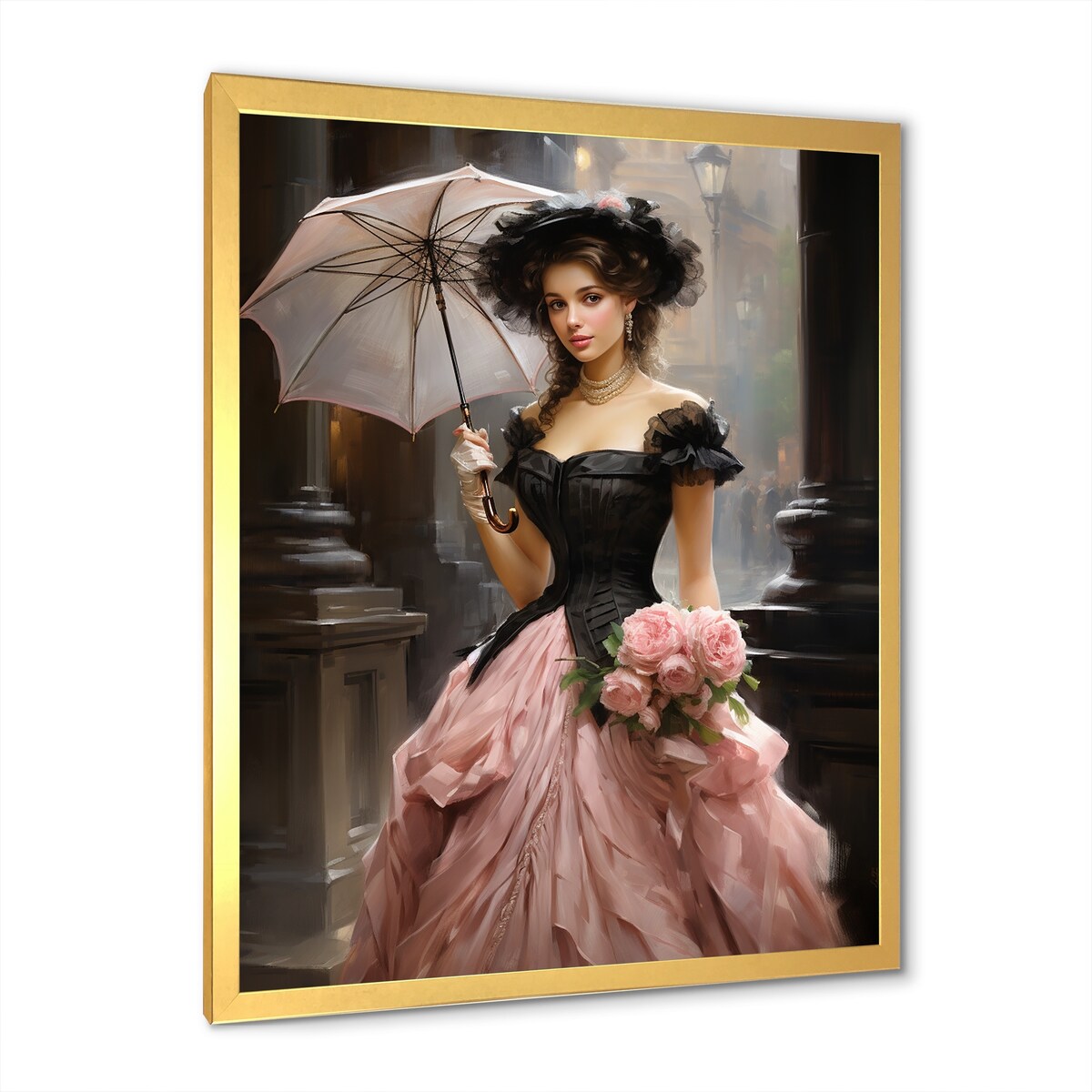 Designart "Pink And Black 50s Woman Portrait With Umbrella III" Woman Victorian Pink - Glam Entryway Framed Wall Art