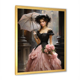 Designart "Pink And Black 50s Woman Portrait With Umbrella III" Woman Victorian Pink - Glam Entryway Framed Wall Art