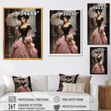 Designart "Pink And Black 50s Woman Portrait With Umbrella III" Woman Victorian Pink - Glam Entryway Framed Wall Art