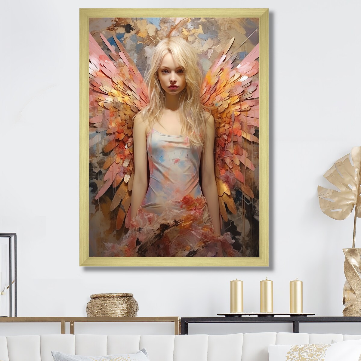 Designart "Pink And Blue Butterfly Woman Glam" Woman Glam Wall Decor Pink - Glam Entryway Framed Wall Art Print