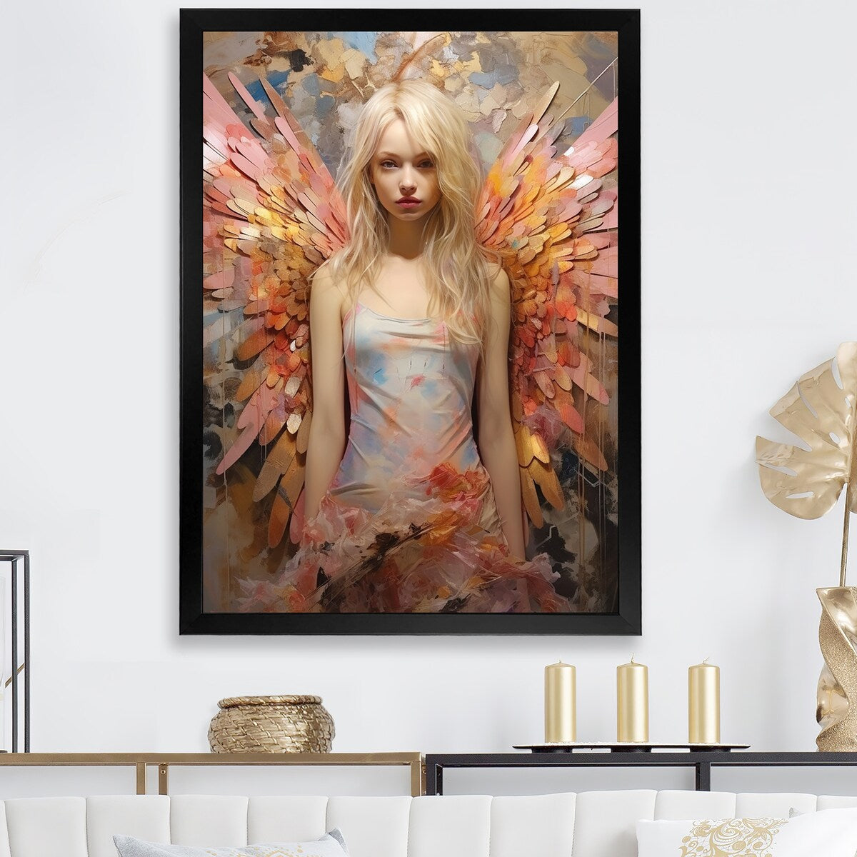 Designart "Pink And Blue Butterfly Woman Glam" Woman Glam Wall Decor Pink - Glam Entryway Framed Wall Art Print