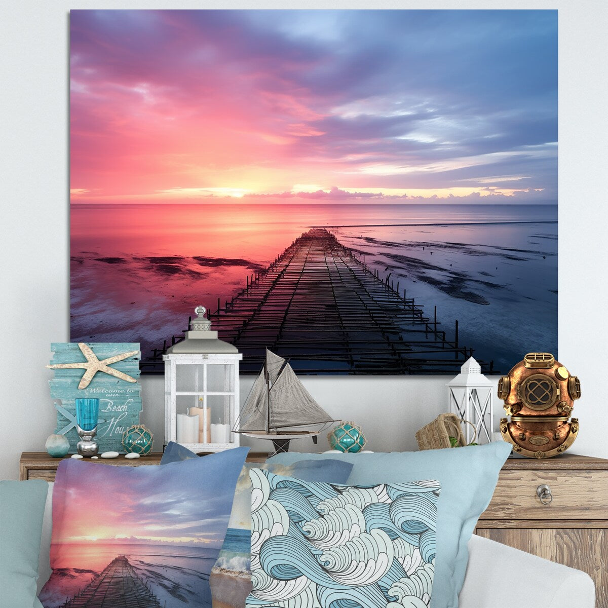 Designart Pink And Blue Pier Horizon Sunset II Coastal Pier Pink Nau