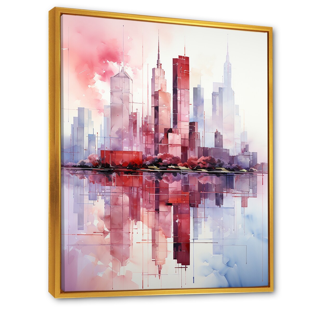 Designart "Pink And Blue Skyscrapers New York City VI" Skyscrapers Pink Industrial Entryway Framed Wall Art Print