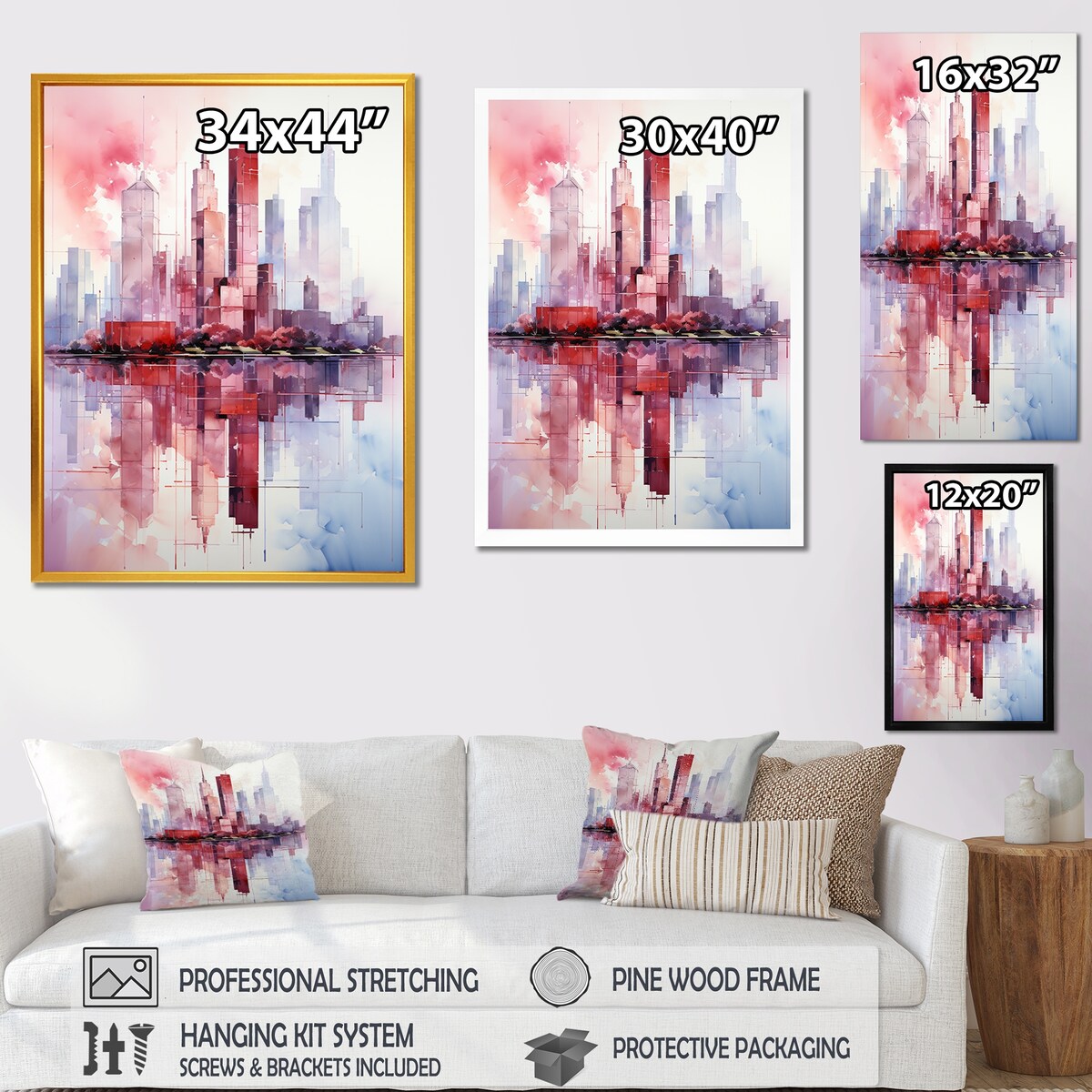 Designart "Pink And Blue Skyscrapers New York City VI" Skyscrapers Pink Industrial Entryway Framed Wall Art Print