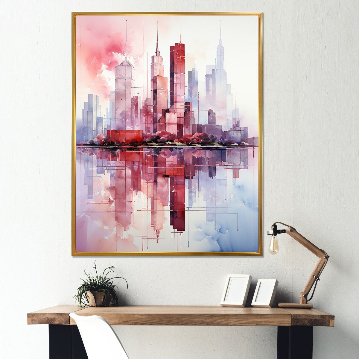Designart "Pink And Blue Skyscrapers New York City VI" Skyscrapers Pink Industrial Entryway Framed Wall Art Print