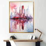 Designart "Pink And Blue Skyscrapers New York City VI" Skyscrapers Pink Industrial Entryway Framed Wall Art Print