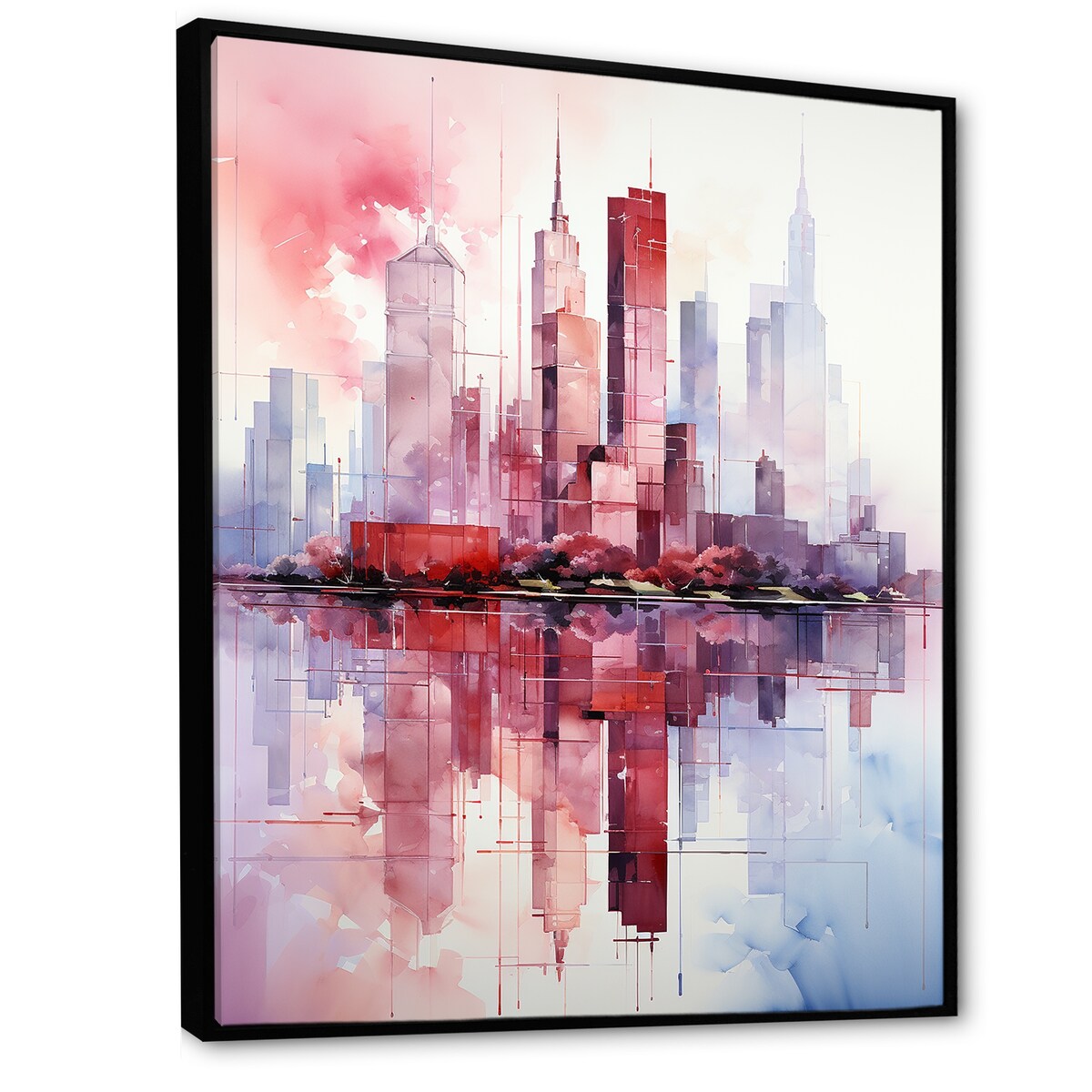 Designart "Pink And Blue Skyscrapers New York City VI" Skyscrapers Pink Industrial Entryway Framed Wall Art Print