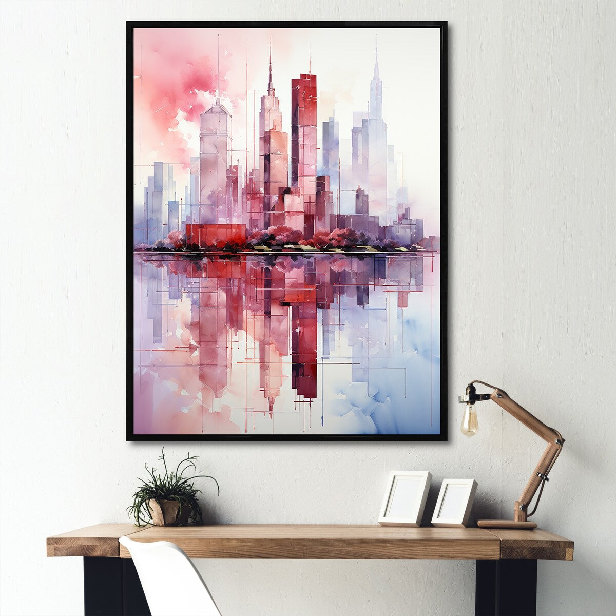 Designart "Pink And Blue Skyscrapers New York City VI" Skyscrapers Pink Industrial Entryway Framed Wall Art Print