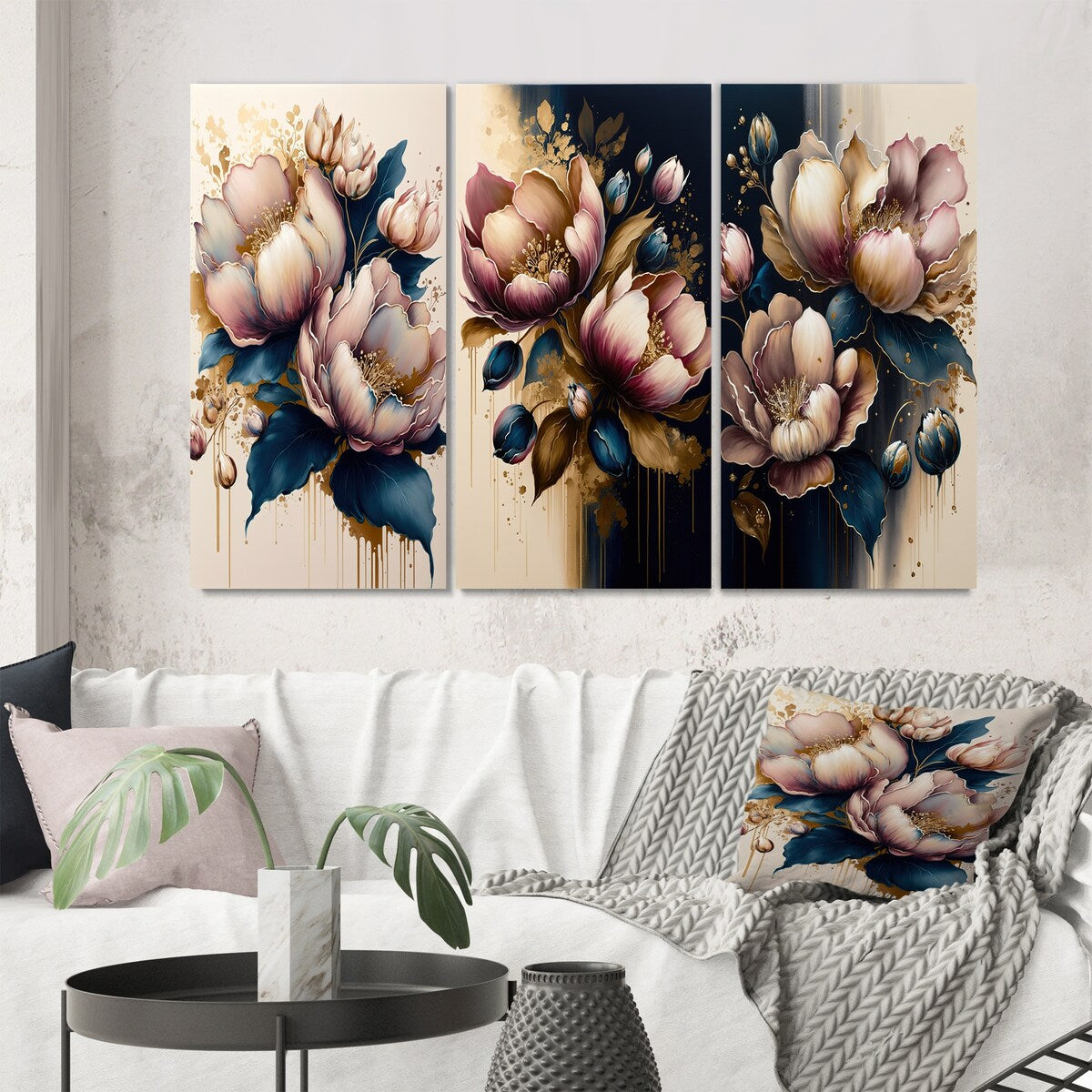 Designart "Pink And Dark Purple Tulips I" Floral & Botanical Wall Art Set Of 3 Traditional Gallery Set For Office Decor