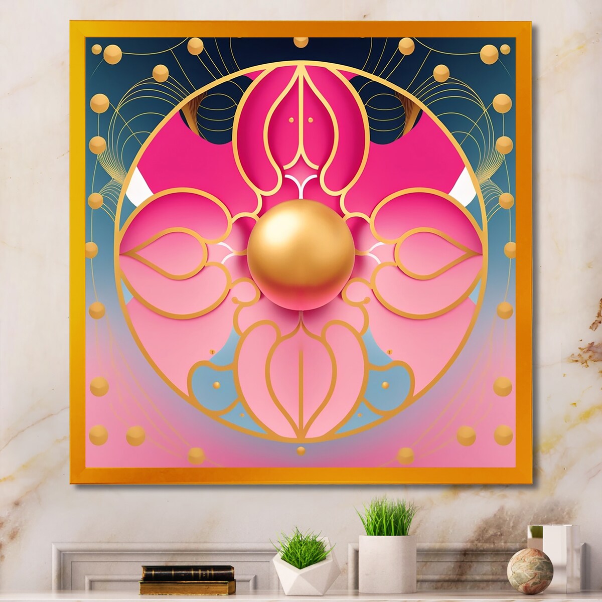 Designart "Pink And Gold Abstract Flower" Modern Geometric Framed Art Print