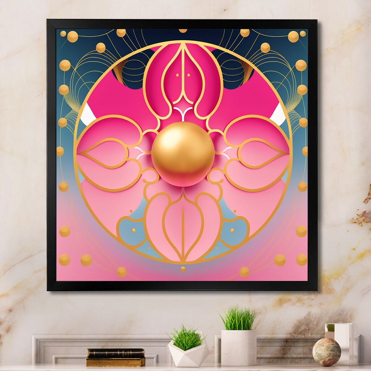 Designart "Pink And Gold Abstract Flower" Modern Geometric Framed Art Print