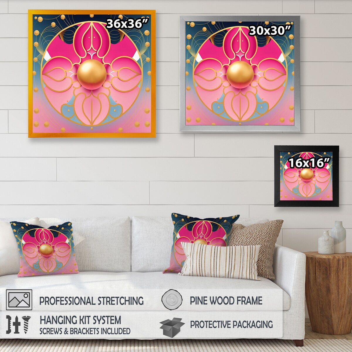 Designart "Pink And Gold Abstract Flower" Modern Geometric Framed Art Print
