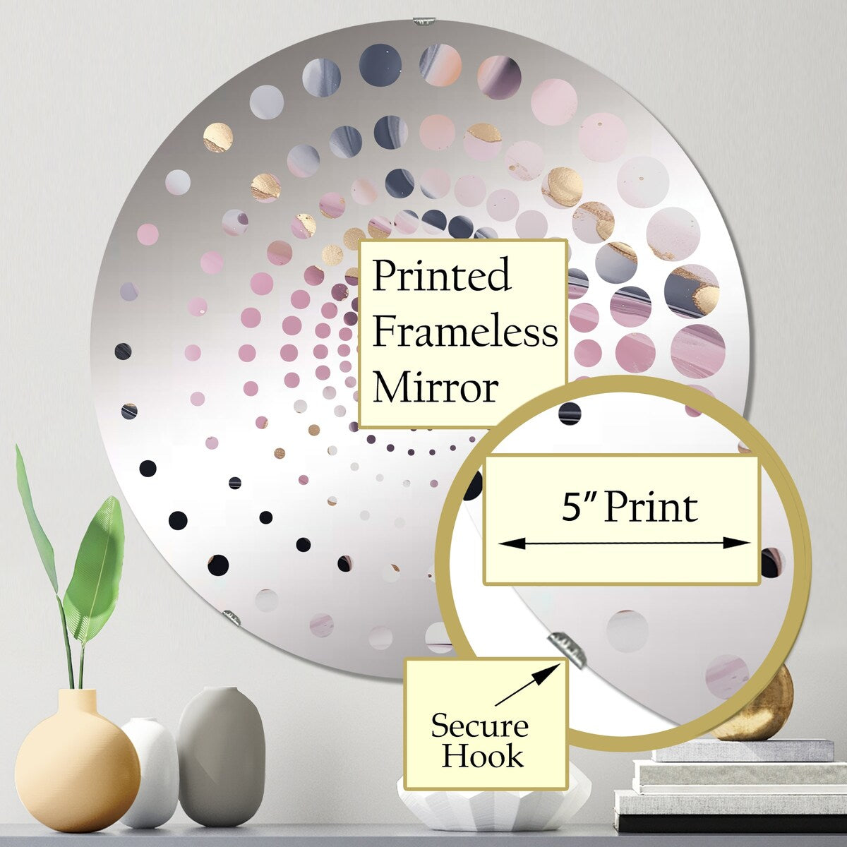Designart "Pink And Gold Mysterious Marble V" - Modern Abstract Marble Spiral Circle Wall Mirror