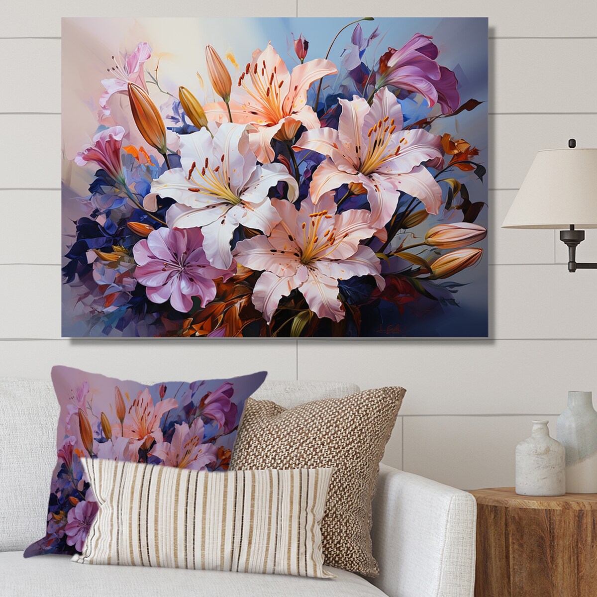 Designart "Pink And White Lilies Country Charm " Flowers Wall Art
