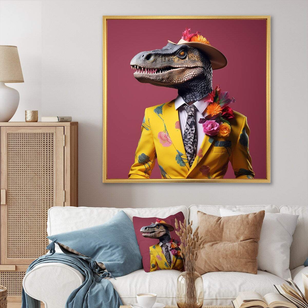 Designart "Pink And Yellow Fashion Dinosaur In Suit" Dinosaur Pink Wall Decor - Modern Bedroom Framed Canvas Wall Art