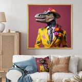 Designart "Pink And Yellow Fashion Dinosaur In Suit" Dinosaur Pink Wall Decor - Modern Bedroom Framed Canvas Wall Art