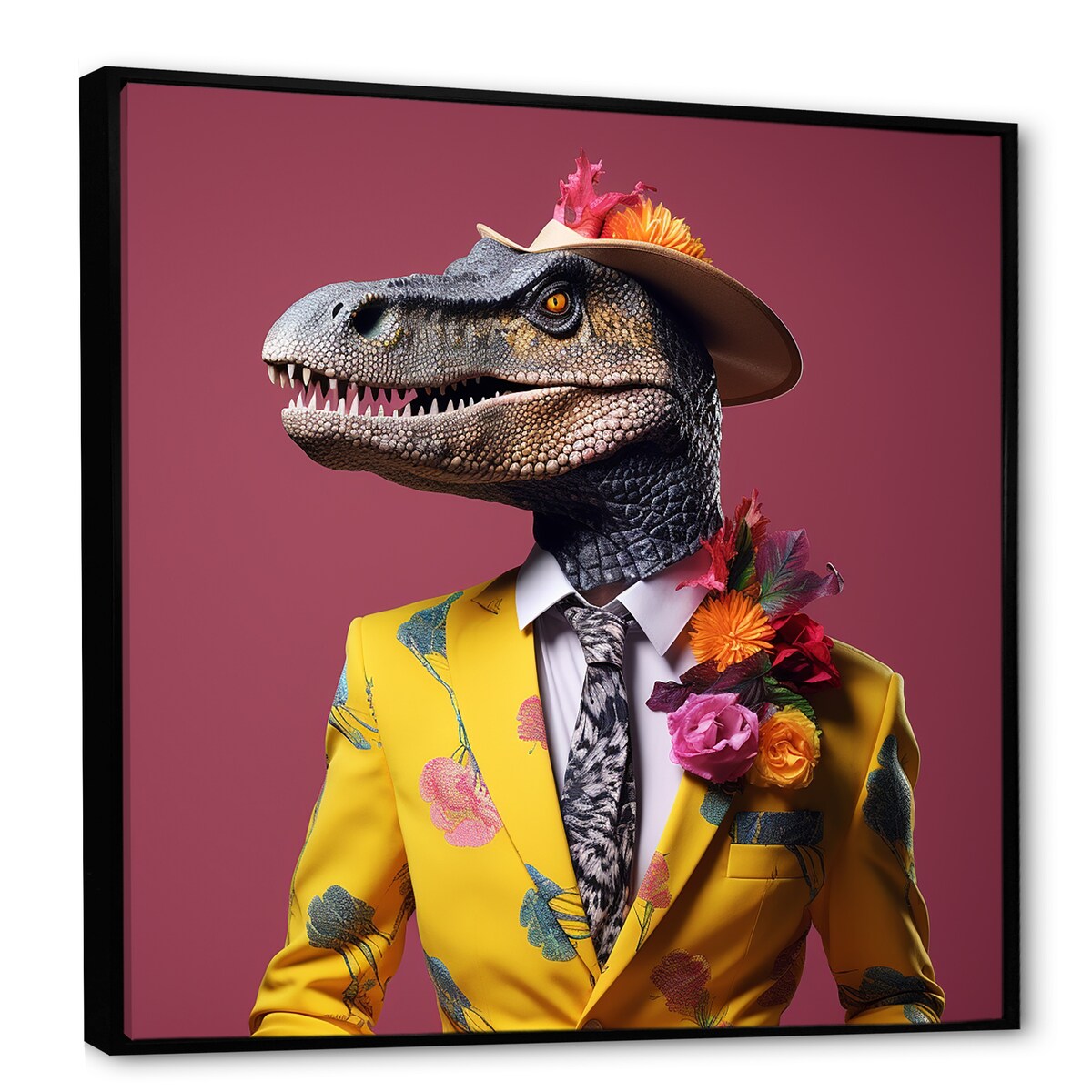 Designart "Pink And Yellow Fashion Dinosaur In Suit" Dinosaur Pink Wall Decor - Modern Bedroom Framed Canvas Wall Art