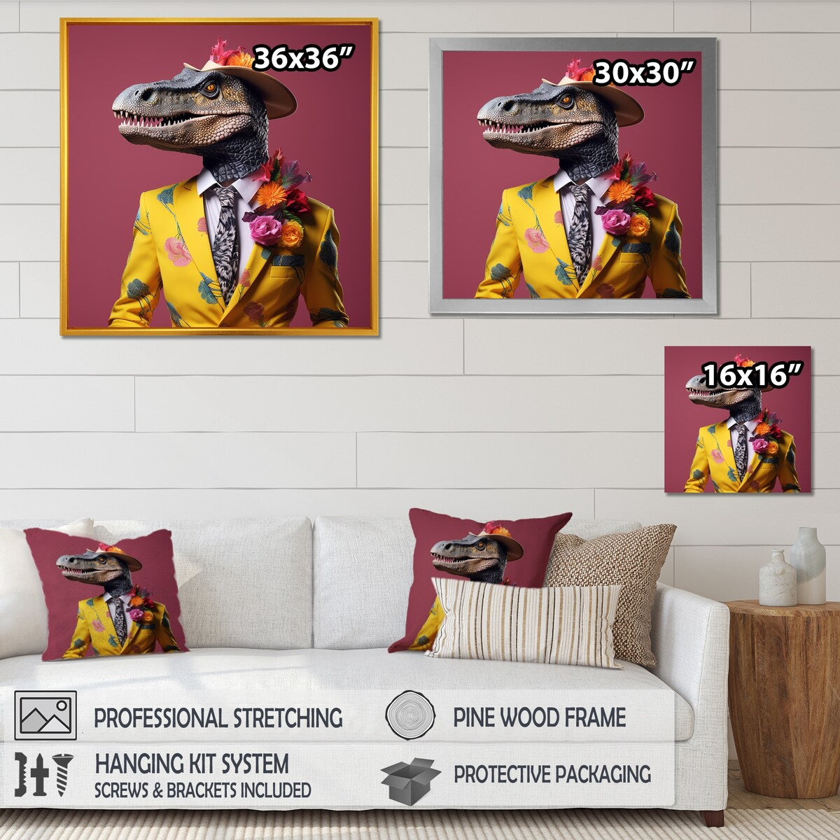 Designart "Pink And Yellow Fashion Dinosaur In Suit" Dinosaur Pink Wall Decor - Modern Bedroom Framed Canvas Wall Art