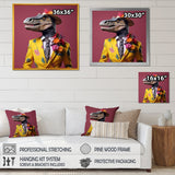 Designart "Pink And Yellow Fashion Dinosaur In Suit" Dinosaur Pink Wall Decor - Modern Bedroom Framed Canvas Wall Art