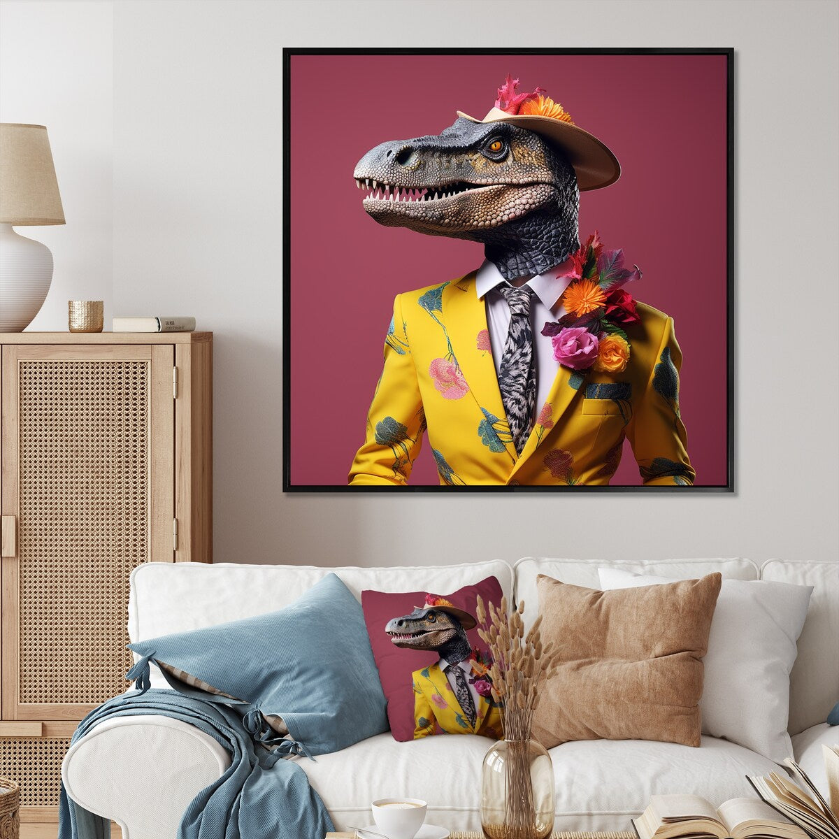 Designart "Pink And Yellow Fashion Dinosaur In Suit" Dinosaur Pink Wall Decor - Modern Bedroom Framed Canvas Wall Art