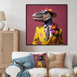 Designart "Pink And Yellow Fashion Dinosaur In Suit" Dinosaur Pink Wall Decor - Modern Bedroom Framed Canvas Wall Art
