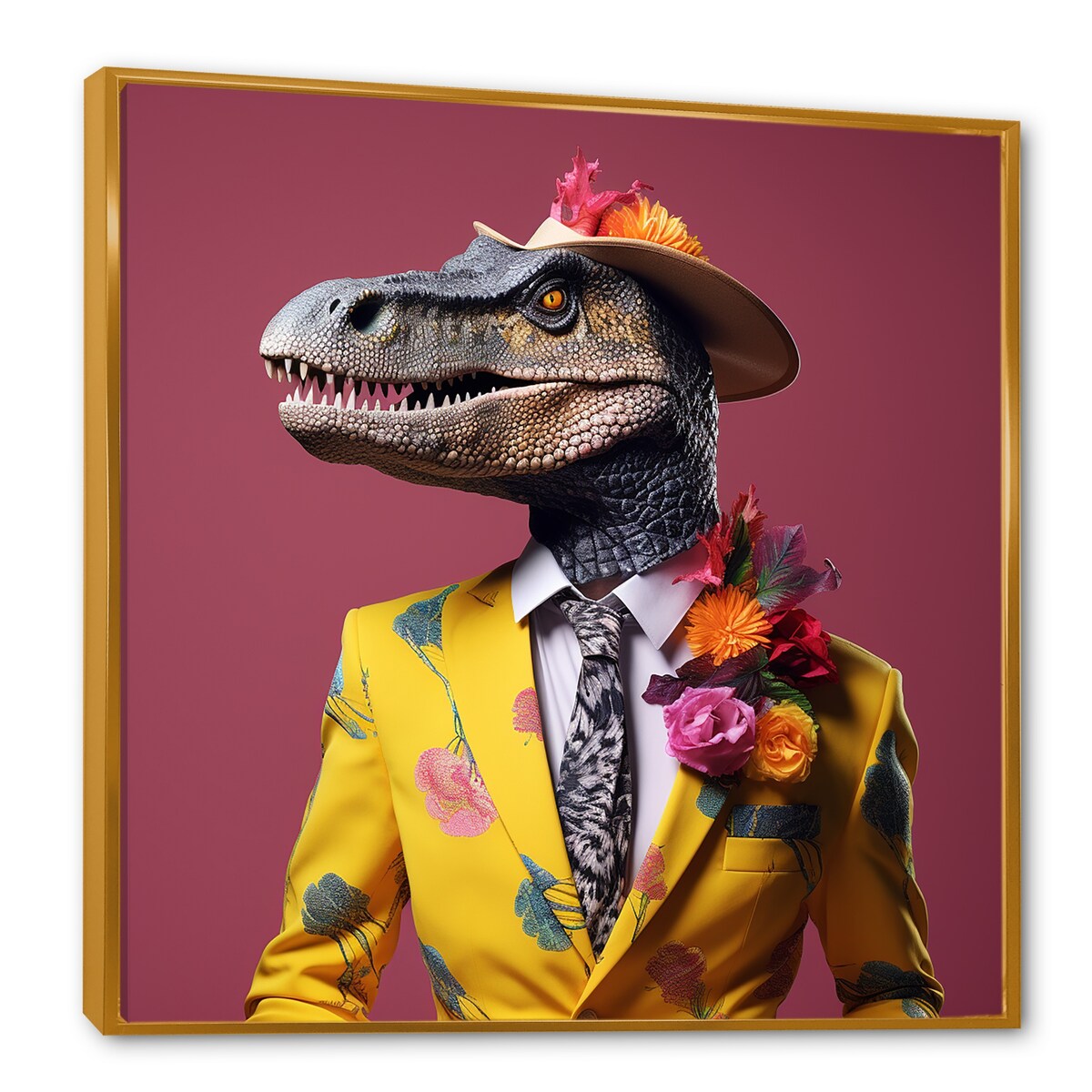 Designart "Pink And Yellow Fashion Dinosaur In Suit" Dinosaur Pink Wall Decor - Modern Bedroom Framed Canvas Wall Art