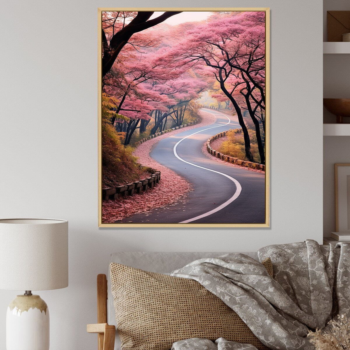 Designart "Pink Blooming Road Into The Forest II" Road Pink Wall Decor - Modern Living Room Framed Canvas Art