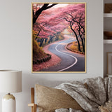 Designart "Pink Blooming Road Into The Forest II" Road Pink Wall Decor - Modern Living Room Framed Canvas Art