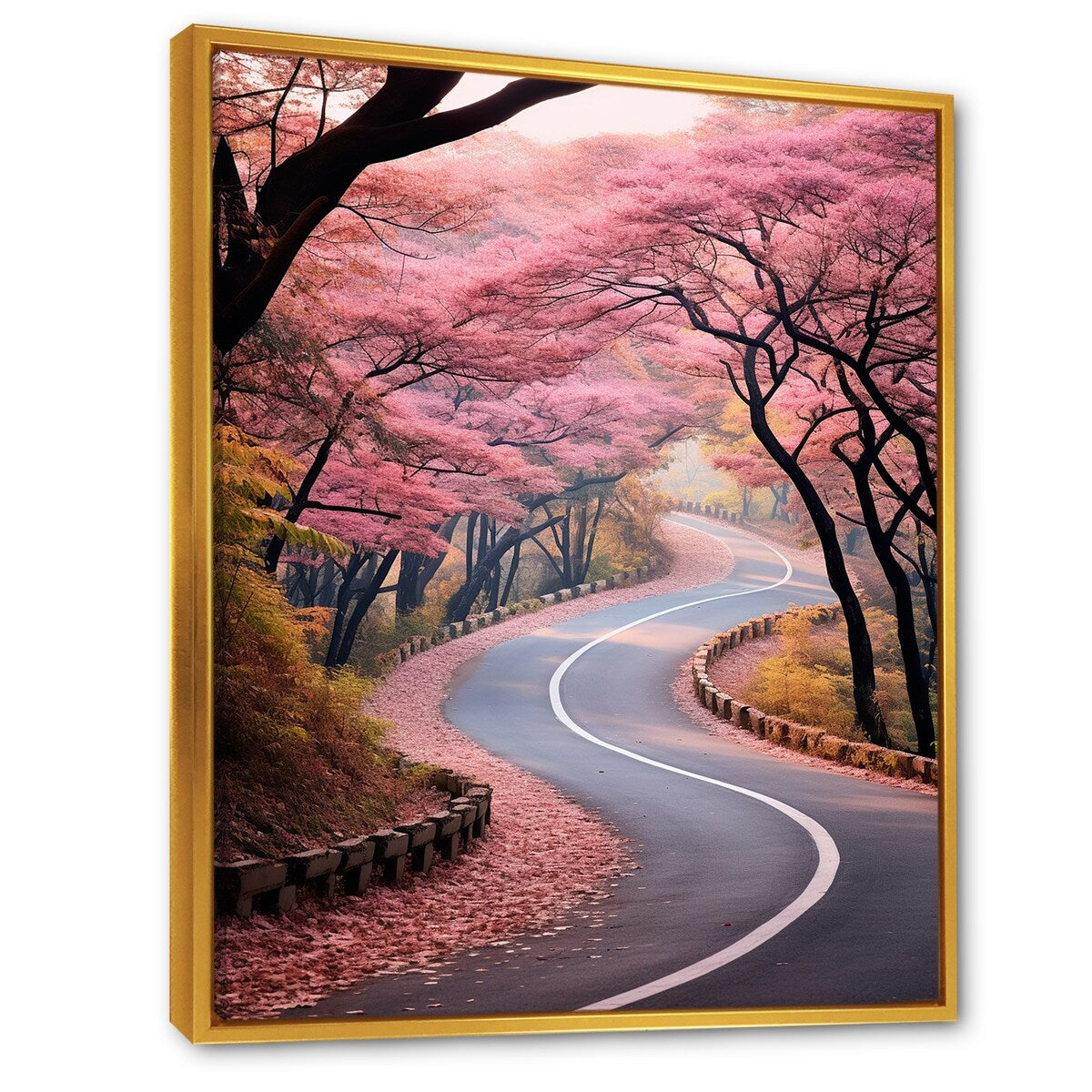 Designart "Pink Blooming Road Into The Forest II" Road Pink Wall Decor - Modern Living Room Framed Canvas Art