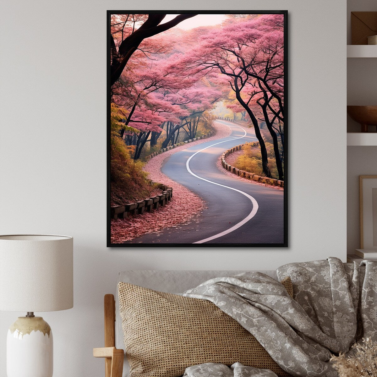Designart "Pink Blooming Road Into The Forest II" Road Pink Wall Decor - Modern Living Room Framed Canvas Art