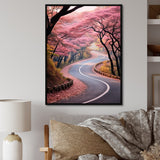 Designart "Pink Blooming Road Into The Forest II" Road Pink Wall Decor - Modern Living Room Framed Canvas Art