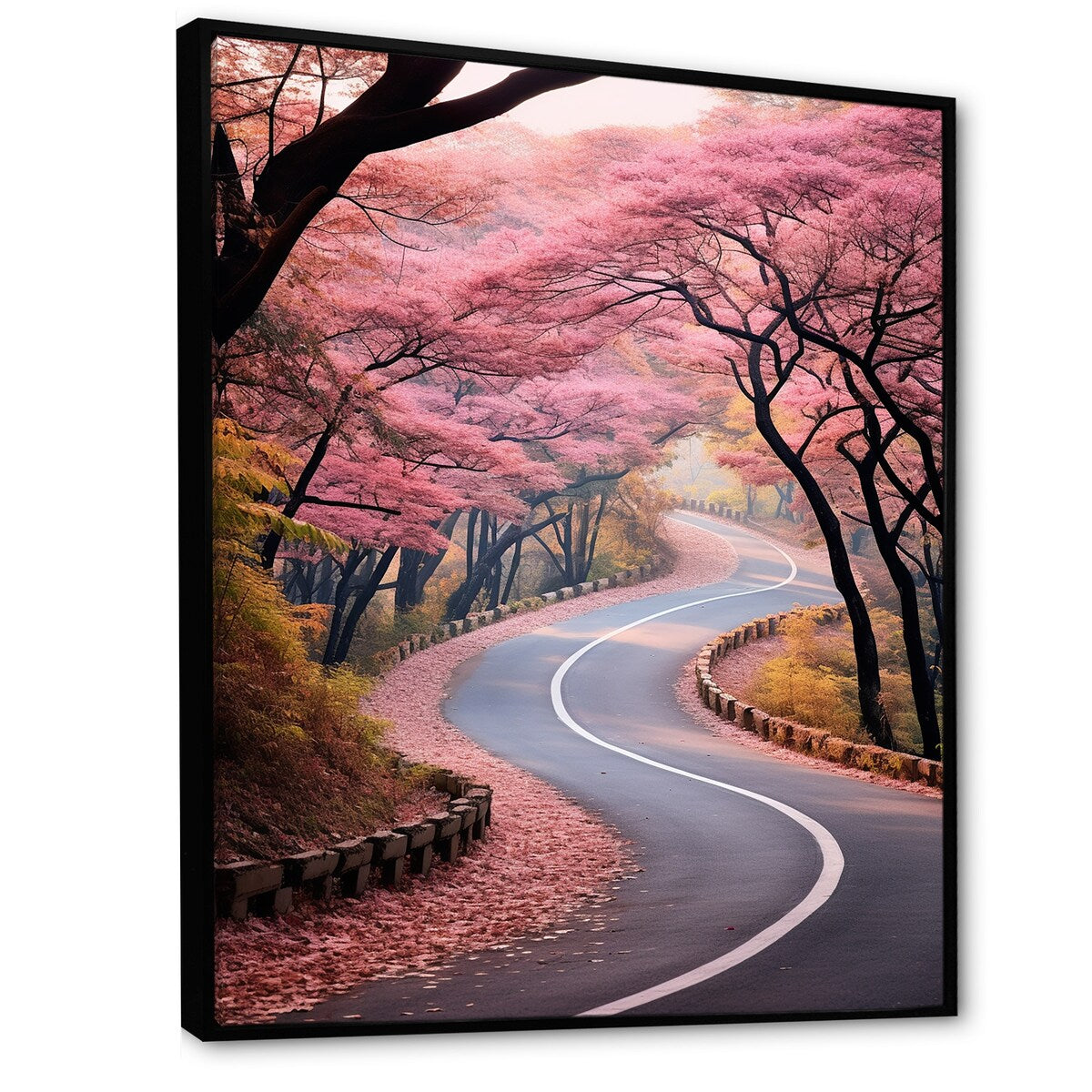 Designart "Pink Blooming Road Into The Forest II" Road Pink Wall Decor - Modern Living Room Framed Canvas Art