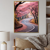 Designart "Pink Blooming Road Into The Forest II" Road Pink Wall Decor - Modern Living Room Framed Canvas Art