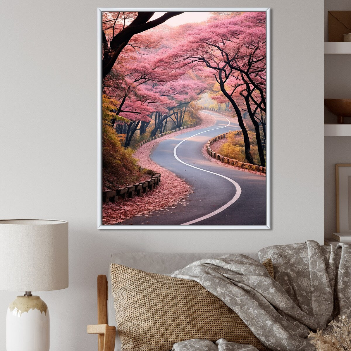 Designart "Pink Blooming Road Into The Forest II" Road Pink Wall Decor - Modern Living Room Framed Canvas Art