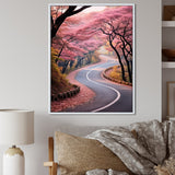Designart "Pink Blooming Road Into The Forest II" Road Pink Wall Decor - Modern Living Room Framed Canvas Art