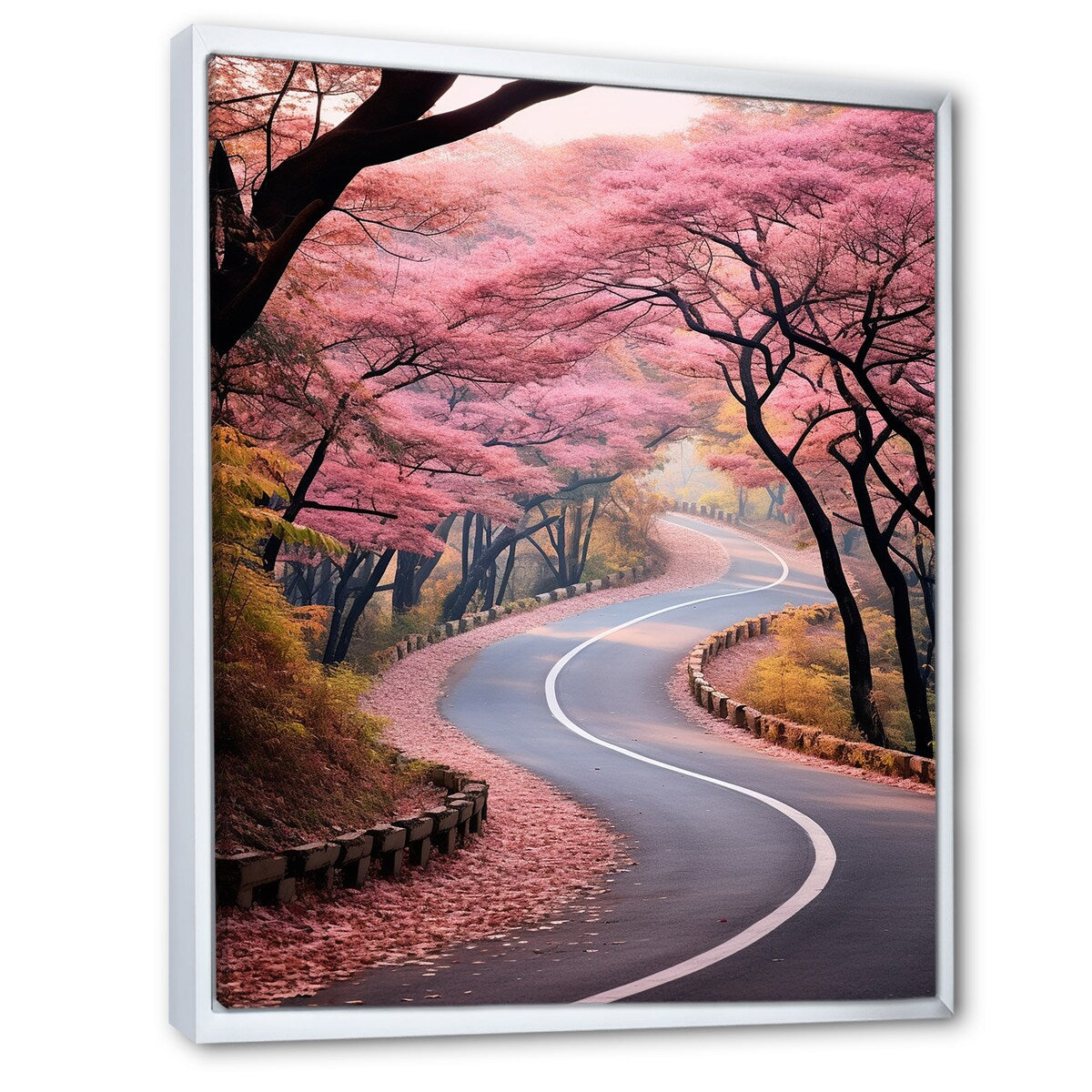 Designart "Pink Blooming Road Into The Forest II" Road Pink Wall Decor - Modern Living Room Framed Canvas Art