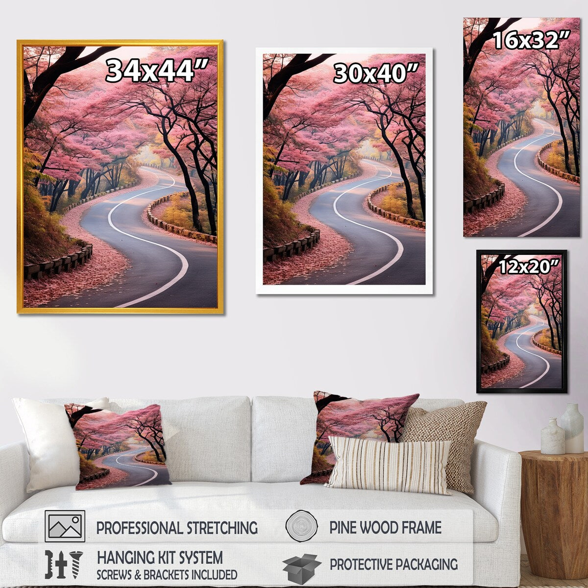 Designart "Pink Blooming Road Into The Forest II" Road Pink Wall Decor - Modern Living Room Framed Canvas Art