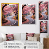 Designart "Pink Blooming Road Into The Forest II" Road Pink Wall Decor - Modern Living Room Framed Canvas Art