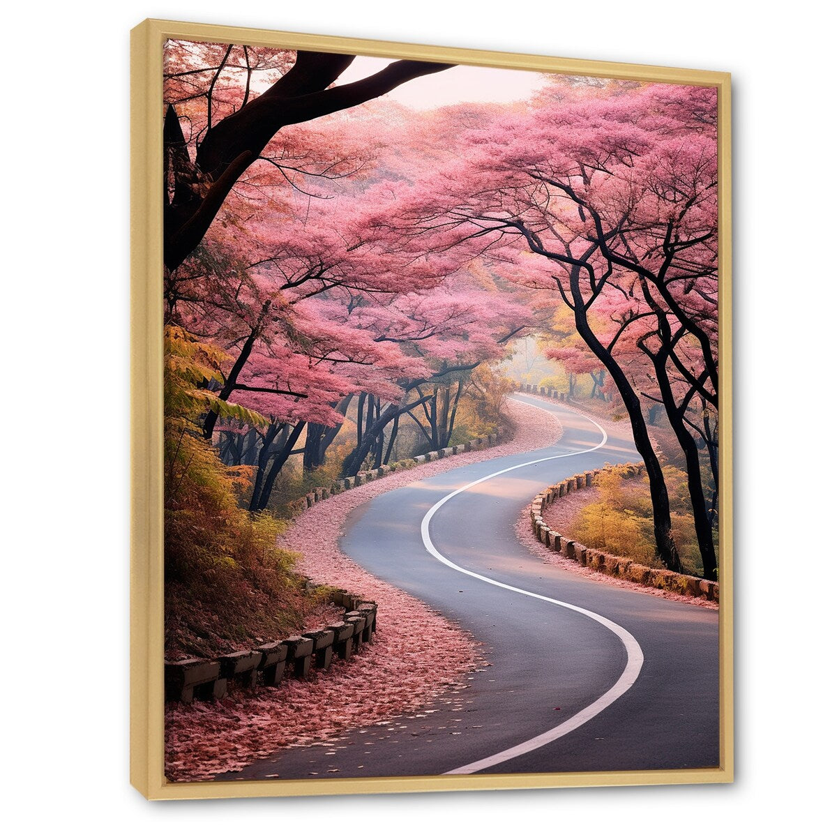 Designart "Pink Blooming Road Into The Forest II" Road Pink Wall Decor - Modern Living Room Framed Canvas Art