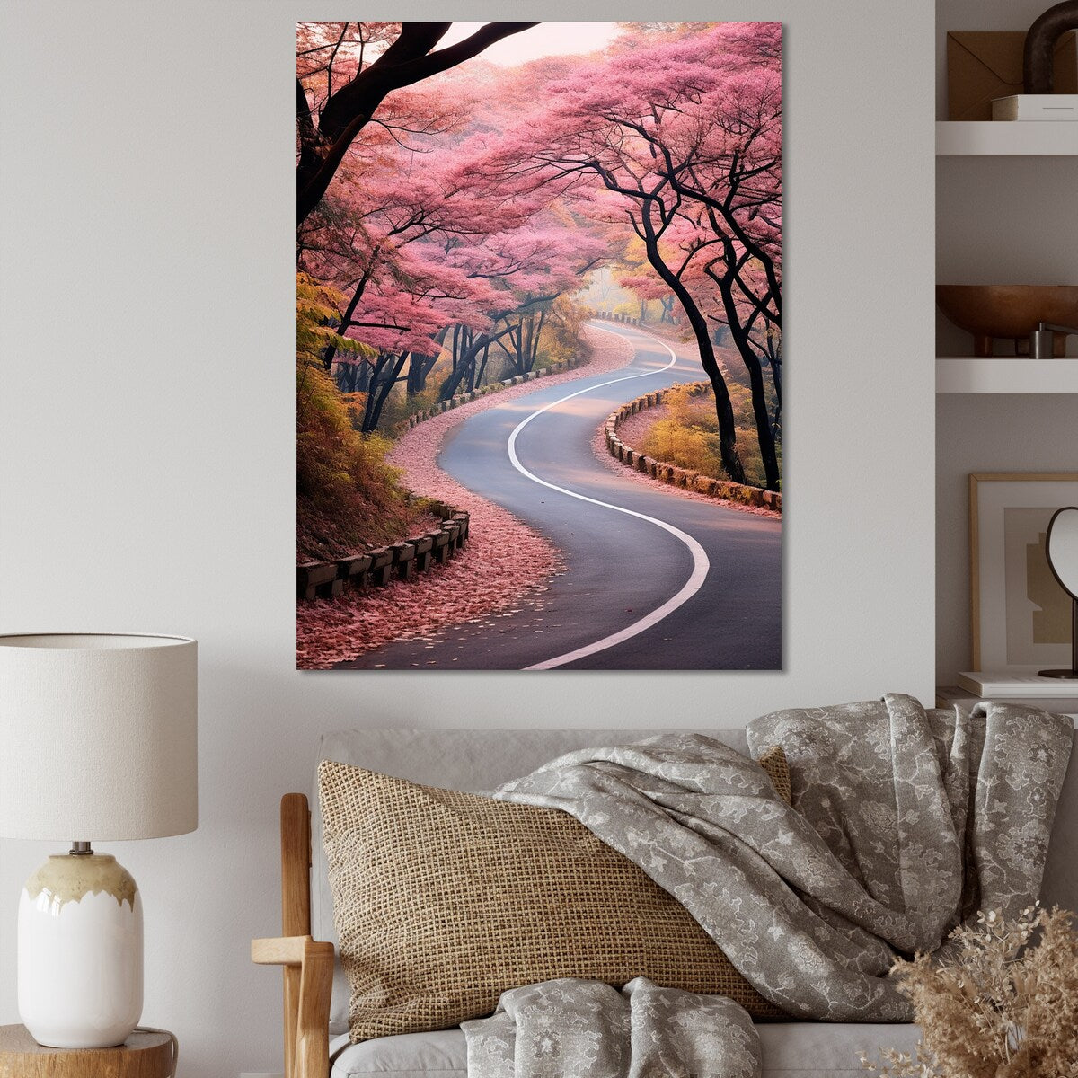 Designart "Pink Blooming Road Into The Forest II" Road Wall Art Print Pink - Modern Wall Art Décor For Bedroom
