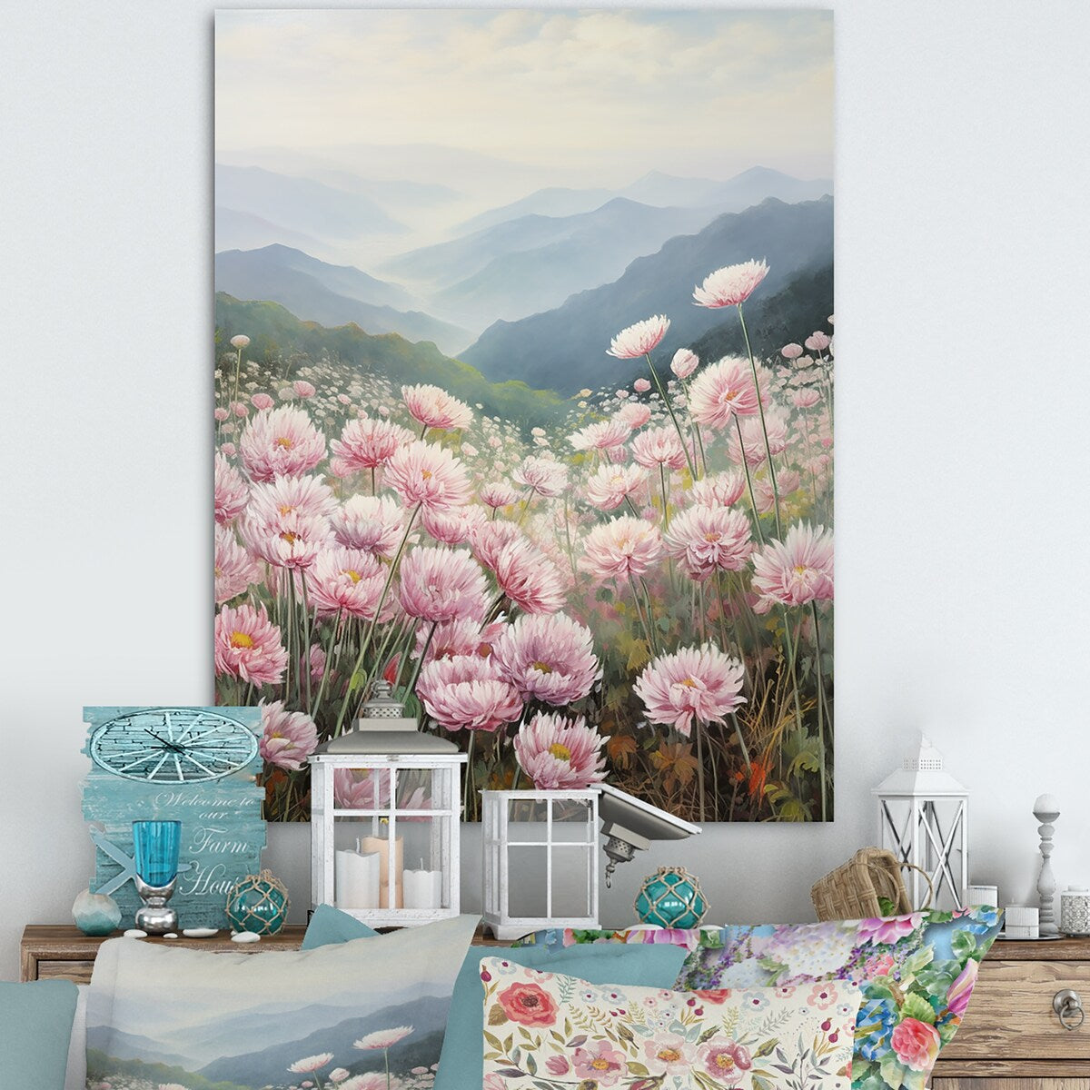 Designart "Pink Chrysanthemums On Hill" Flowers Wall Art