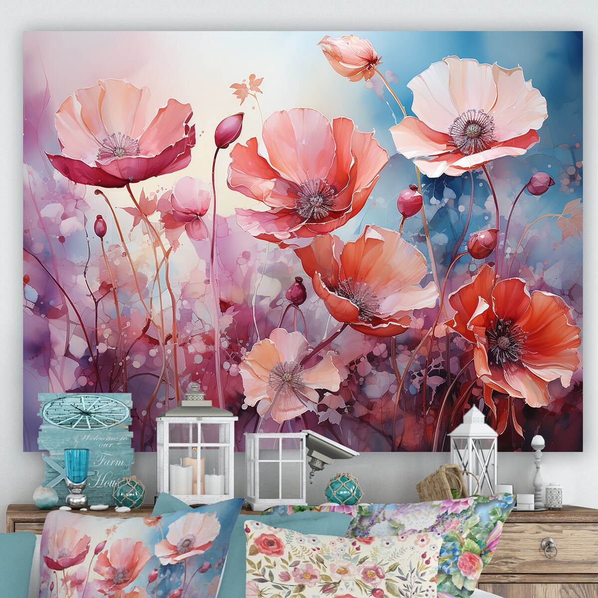 Designart "Pink Crimson Flower Meadow Field IX" Flower Wall Art