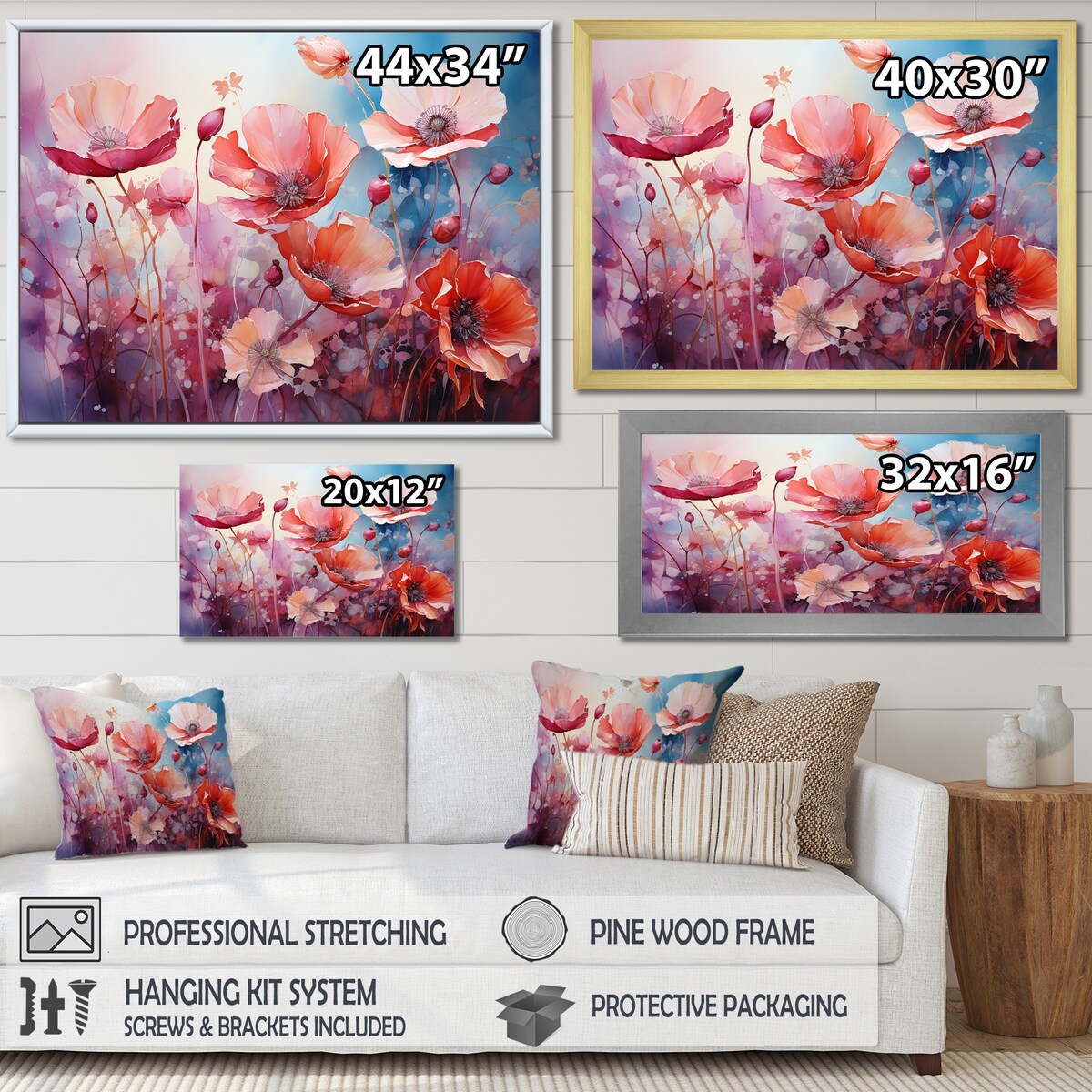 Designart "Pink Crimson Flower Meadow Field IX" Flower Wall Art