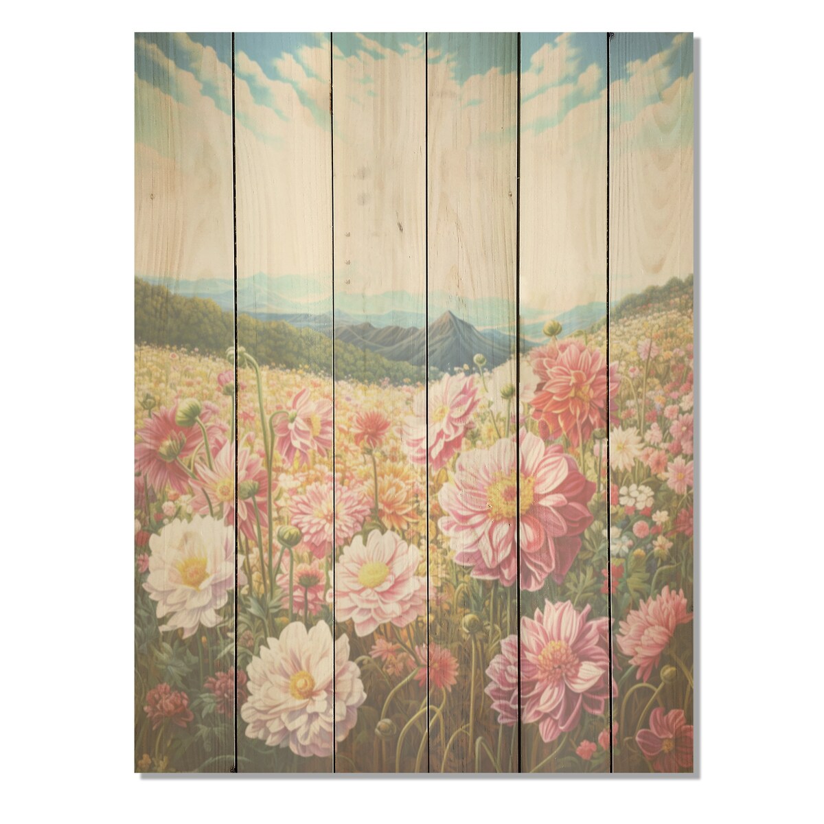 Designart "Pink Dahlia On Hill I" Flowers Wood Wall Decor - Traditional Pink Wood Panel On Natural Pine Wood